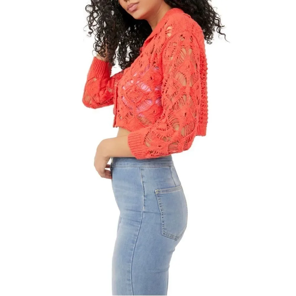NWT Free People Sedona Open Knit Cropped Cardigan in Guava Berry, Size Small